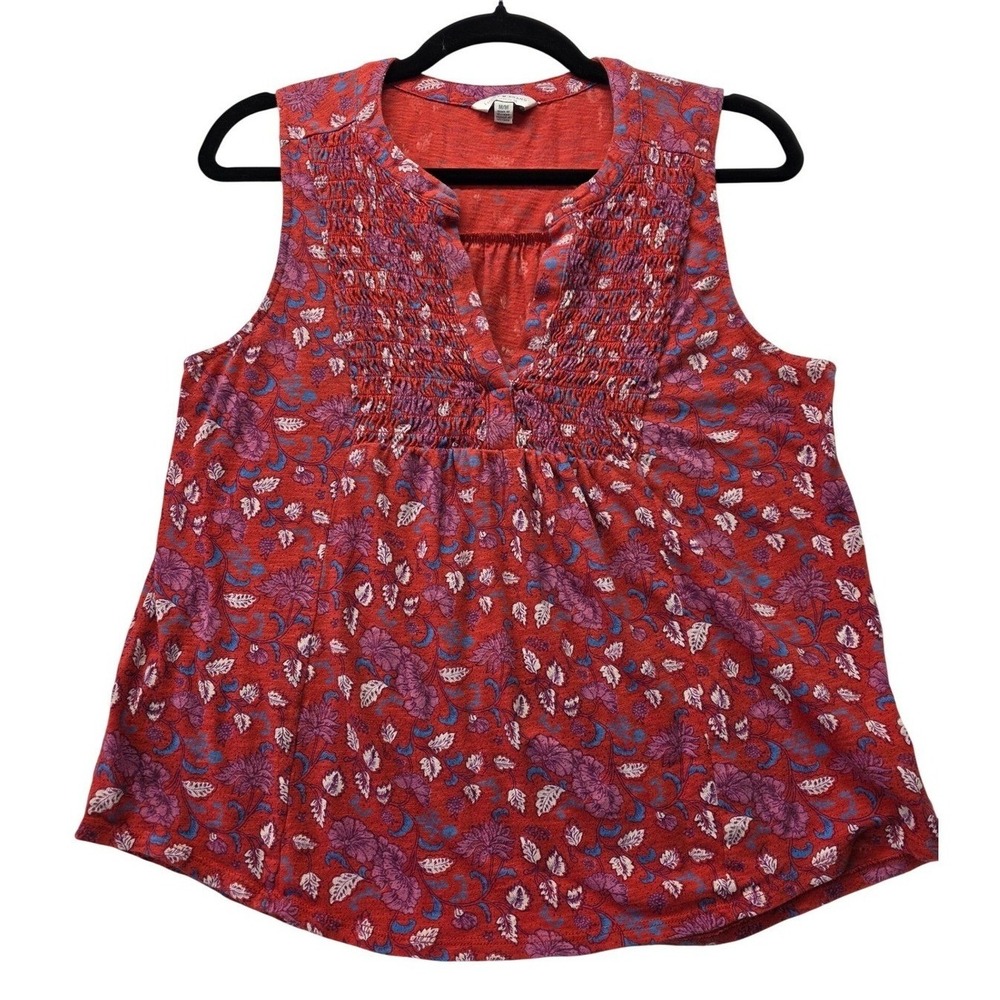 Lucky Brand Red Floral Smocked Sleeveless Boho Cottage Core Flowy Blouse Medium